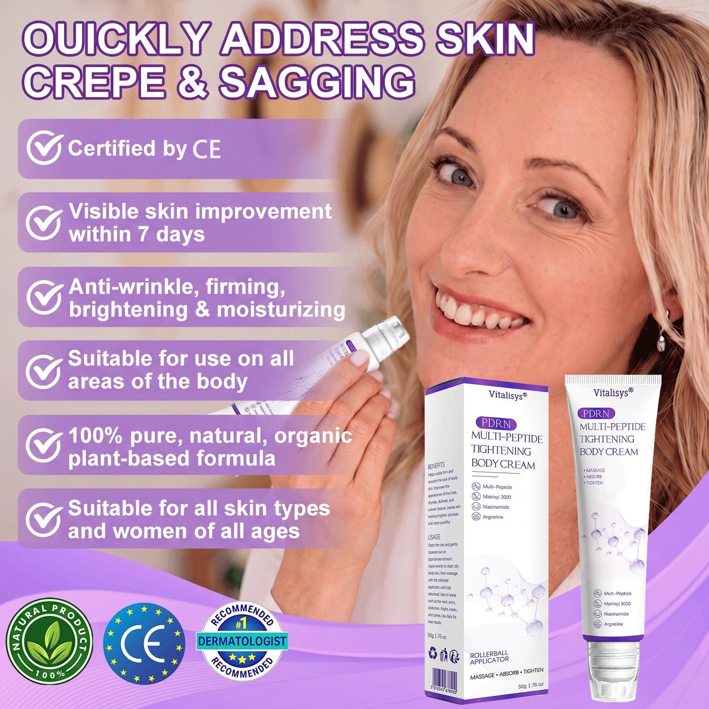Vitalisys®❤️PDRN Multi-Peptide Massaging Body Roller Cream- Anti-aging, Hydrating, Skin Firming & Lifting, Skin Repair, Even Tone, Acne and Dark Spot Treatment, Wart and Mole Removal, and Psoriasis Relief.