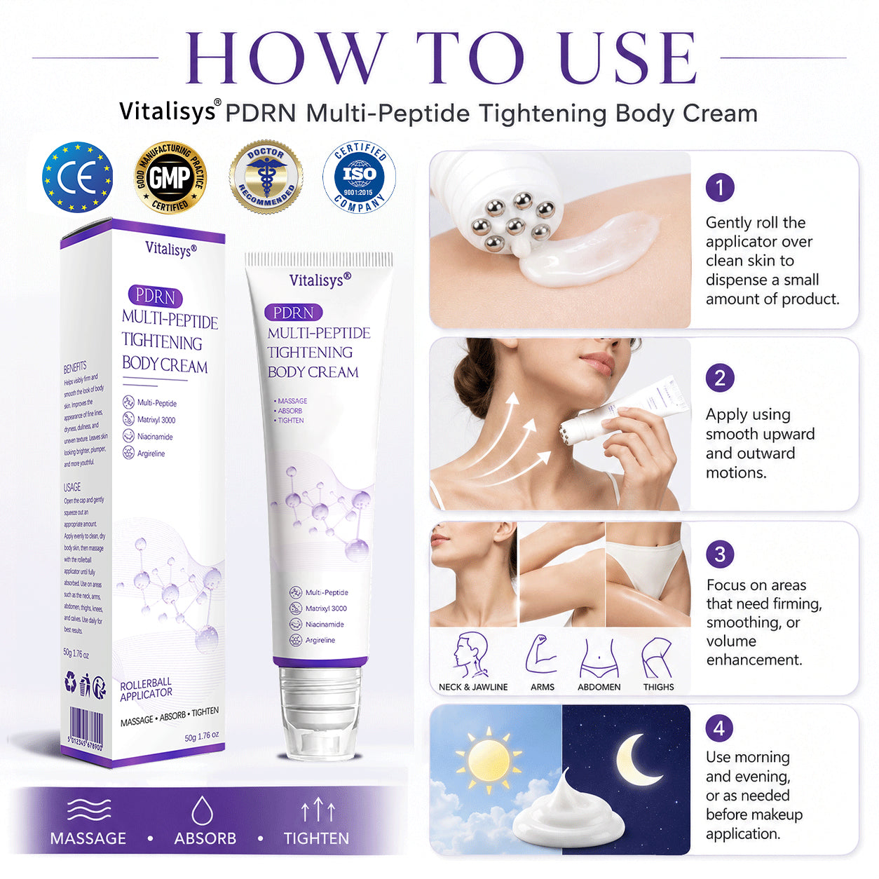 Vitalisys®❤️PDRN Multi-Peptide Massaging Body Roller Cream- Anti-aging, Hydrating, Skin Firming & Lifting, Skin Repair, Even Tone, Acne and Dark Spot Treatment, Wart and Mole Removal, and Psoriasis Relief.
