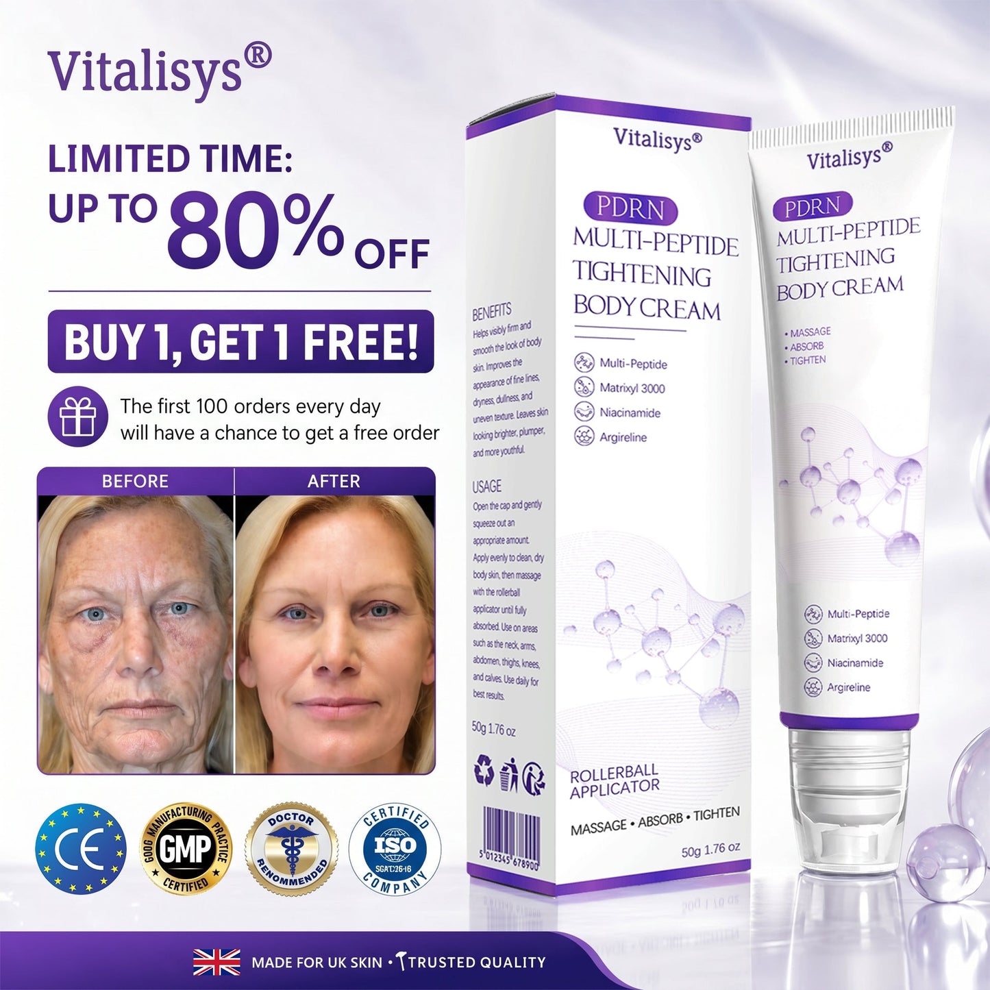 Vitalisys®❤️PDRN Multi-Peptide Massaging Body Roller Cream- Anti-aging, Hydrating, Skin Firming & Lifting, Skin Repair, Even Tone, Acne and Dark Spot Treatment, Wart and Mole Removal, and Psoriasis Relief.